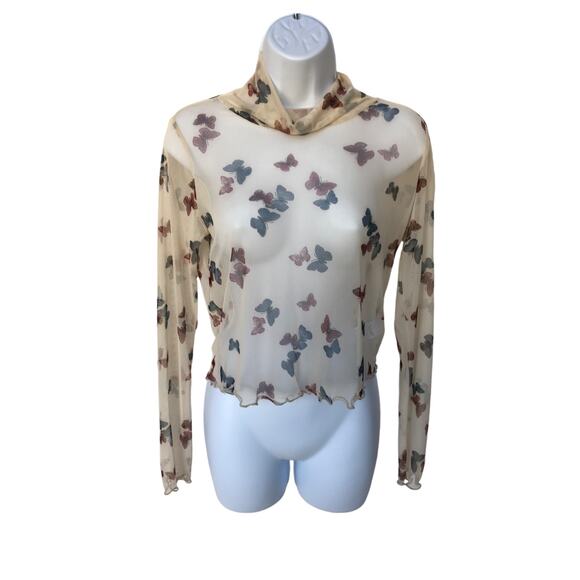 La La Land Creative Co Butterflies Cropped Mesh Top with Lettuce Hems size M - Picture 4 of 8